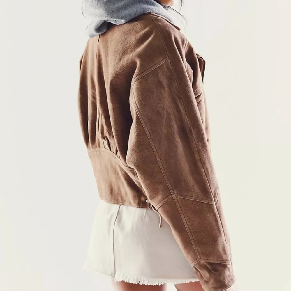 Free People Brown Suede Cropped Leather Jacket with Gray Hooded Liner